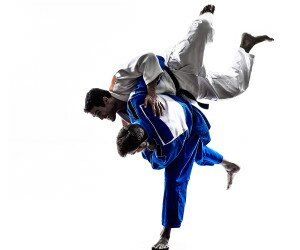 two judokas fighters fighting men in silhouette on white background